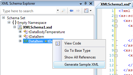 Captura de pantalla del Explorador de esquemas XML