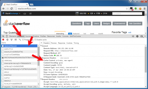 Chrome developer toolset HTTP traffic monitor mostrando encabezados de respuesta HTTP en stackoverflow.com